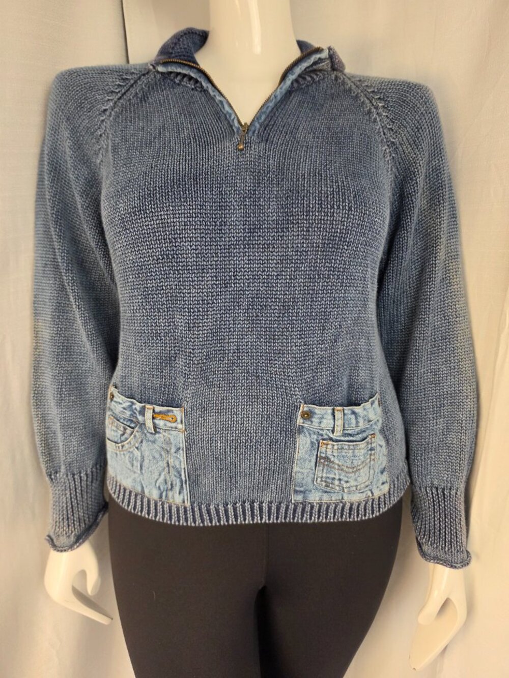 PBJ Blues Navy Long Sleeve Knit Pullover with Denim Pockets Size Medium